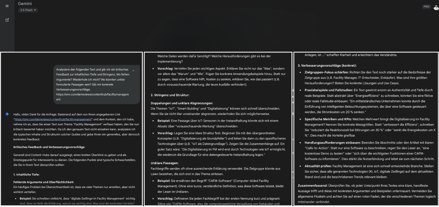 Prompt und Antwort (Gemini) für ein Feedback auf den Artikel über CAFM-Software