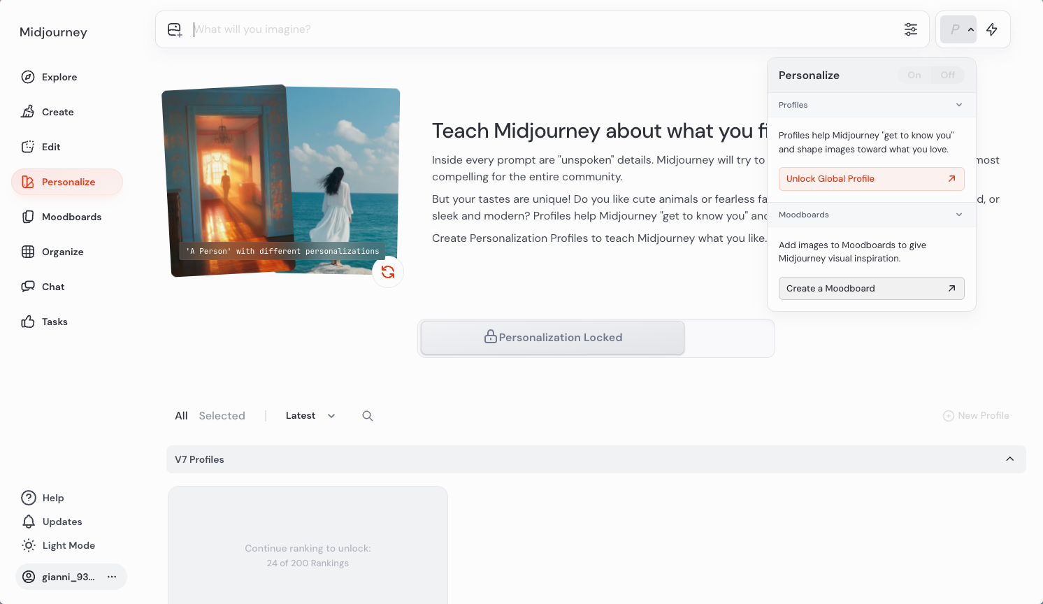 Übersichtsseite der Personalize-Funktion von Midjourney