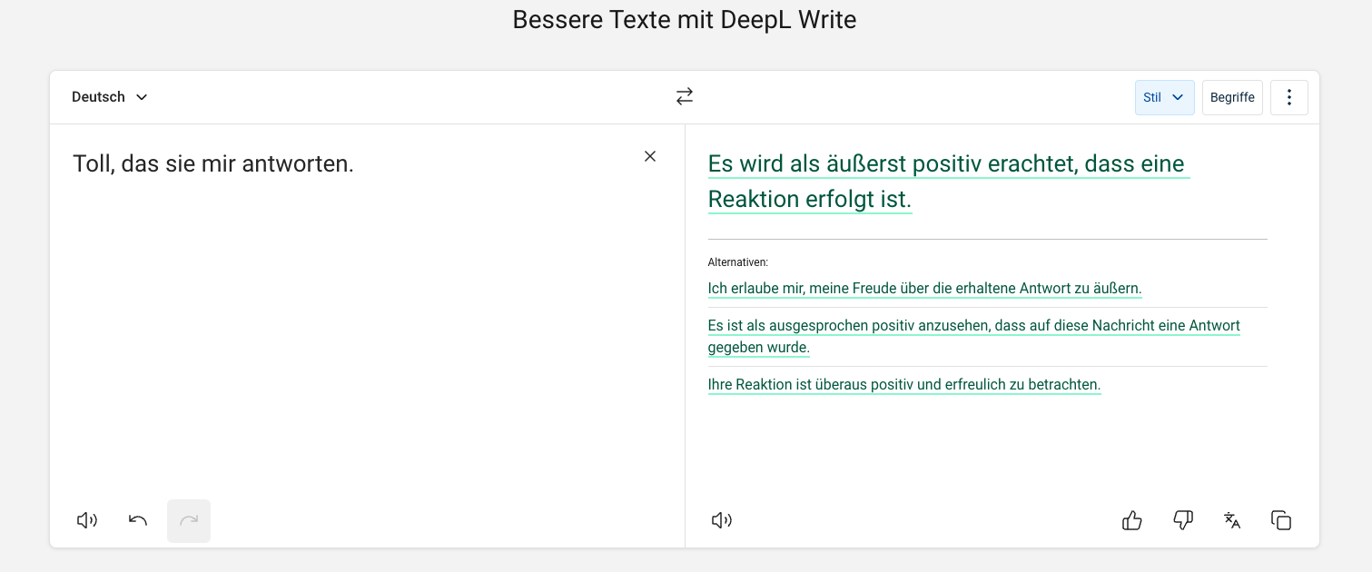 Screenshot 2: Umformulierte Sätze für "akademisch"