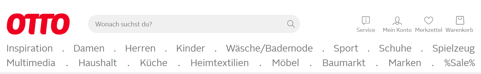 Screenshot: Beispiel einer Horizontalen Website-Navigation mit zwei Reihen (Quelle: otto.de)