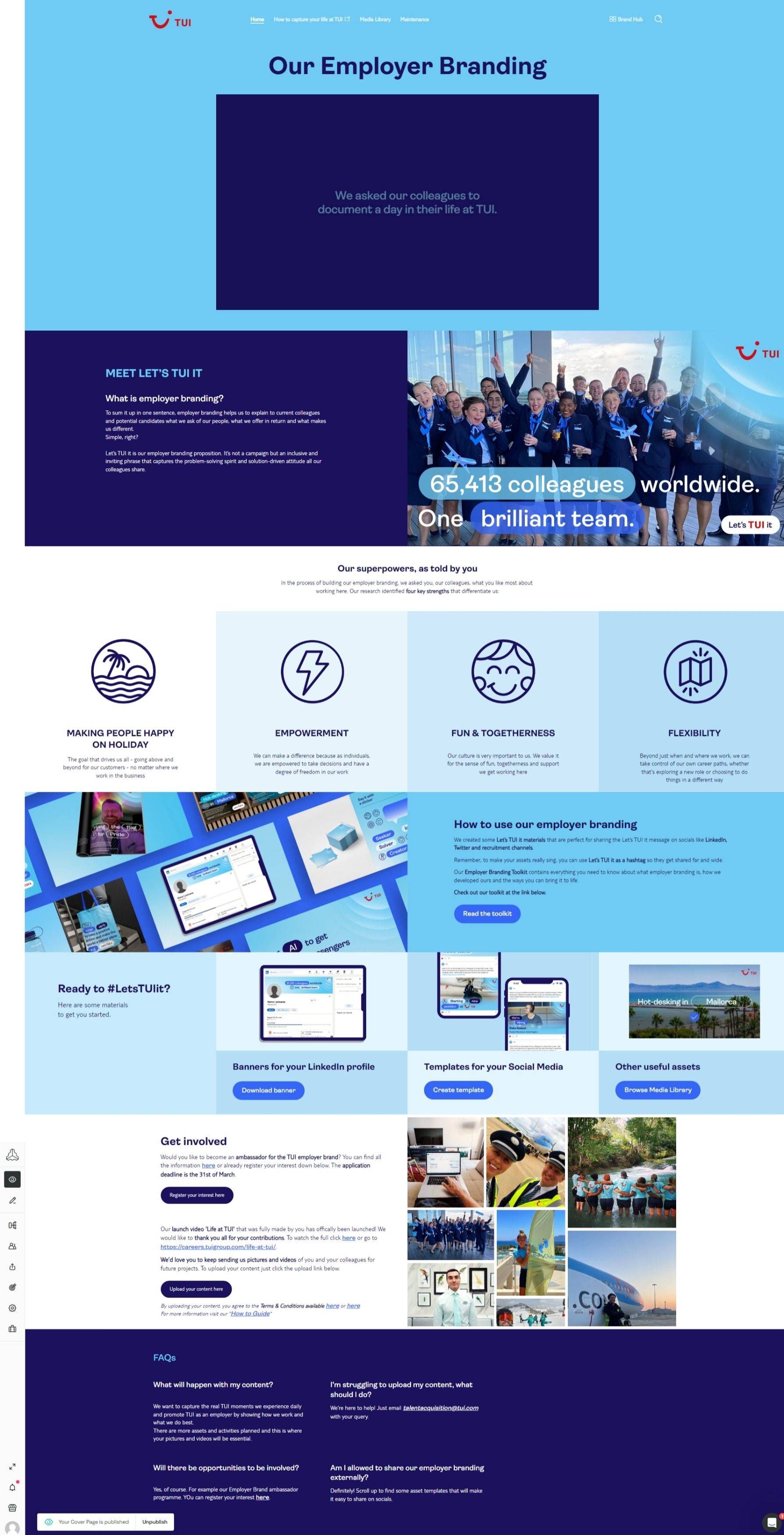 Screenshot einer internen TUI-Webseite zum Employer Branding mit Informationen, Materialien und Mitmachoptionen für Mitarbeitende, gestaltet in Blau- und Weißtönen.