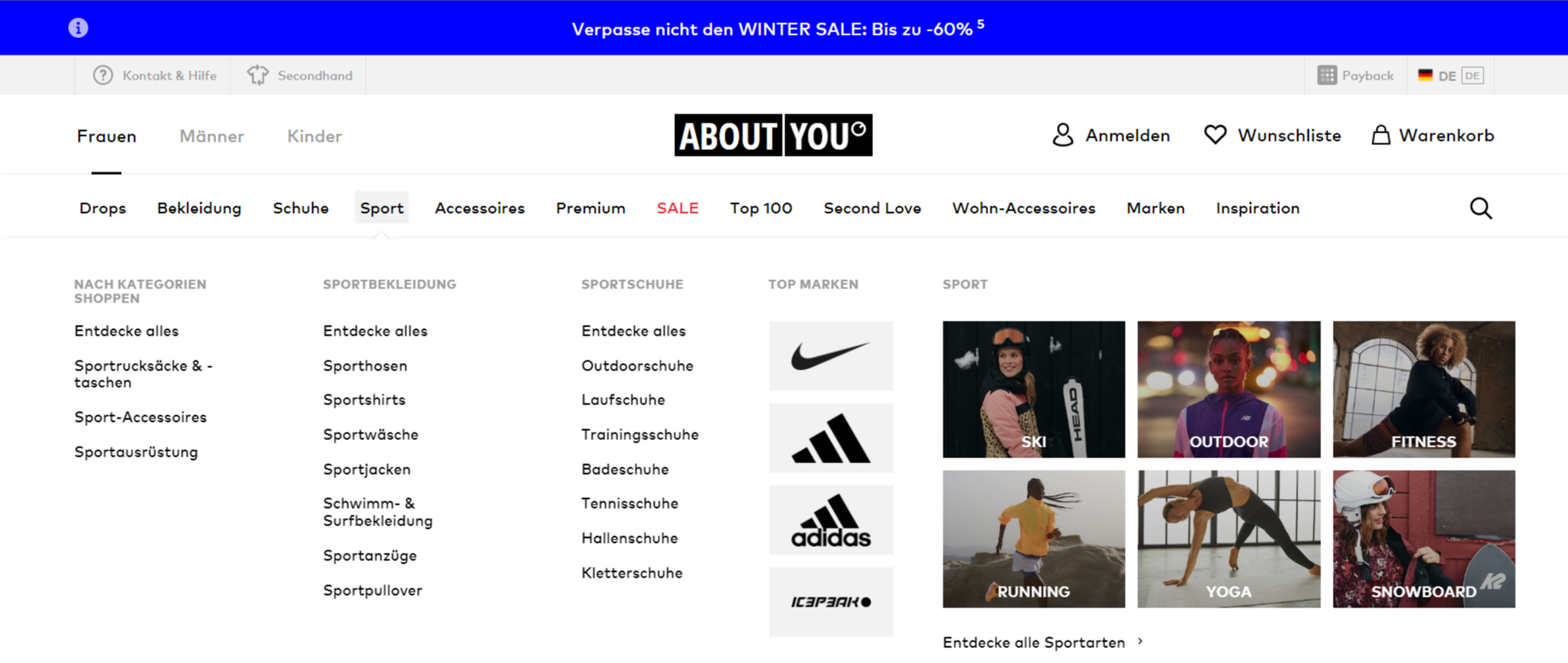 Screenshot: Beispiel eines Mega-Menüs (Quelle: https://www.aboutyou.de/)