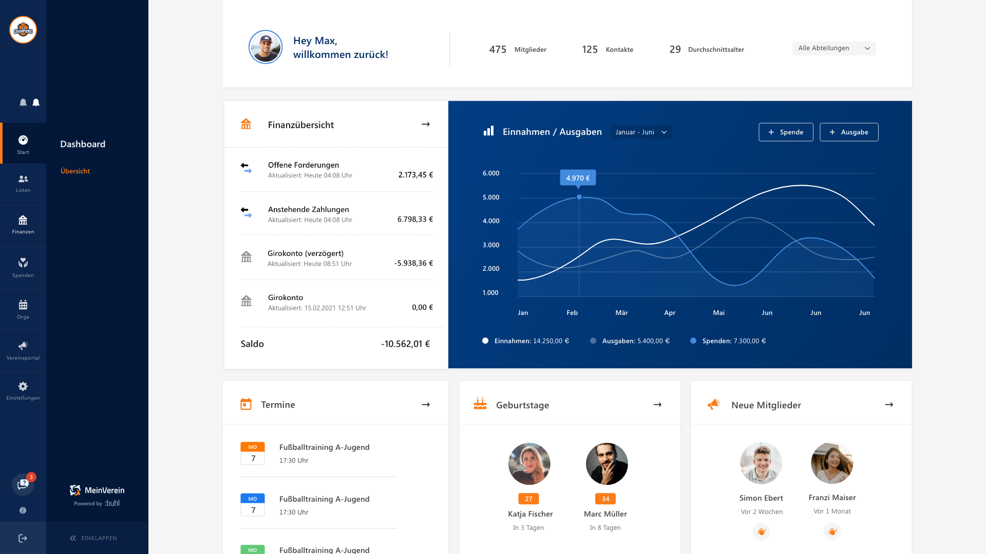 Screenshot 2: Dashboard der Buchhaltungssoftware für Vereine
