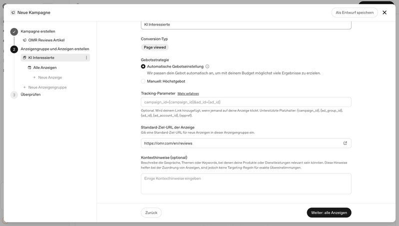 Abbildung 2: Beispiel für Context Hints und Einstellungen auf Anzeigengruppenebene (Screenshot)
