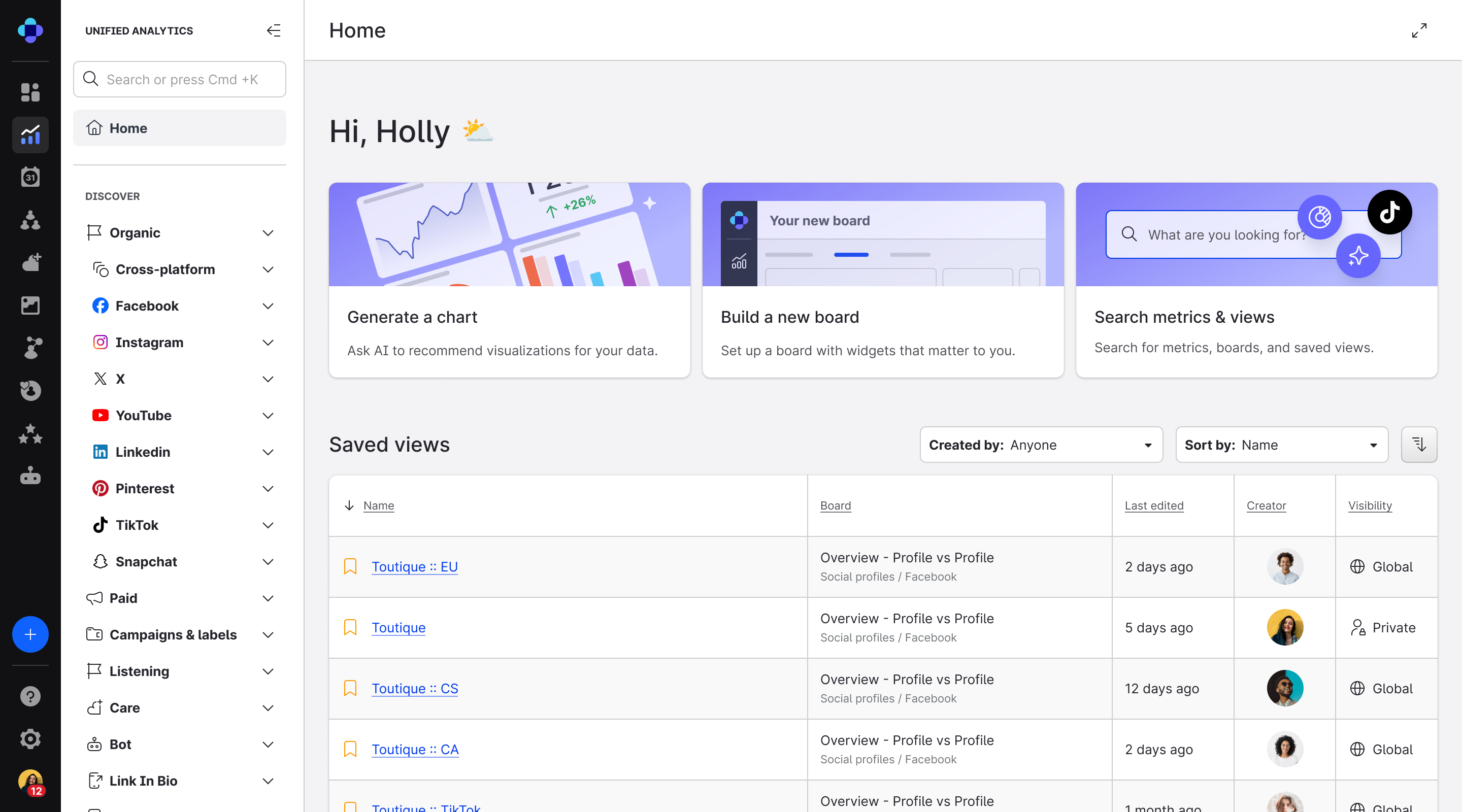 Interface von Emplifi: Startbildschirm mit Überblick über Social Media