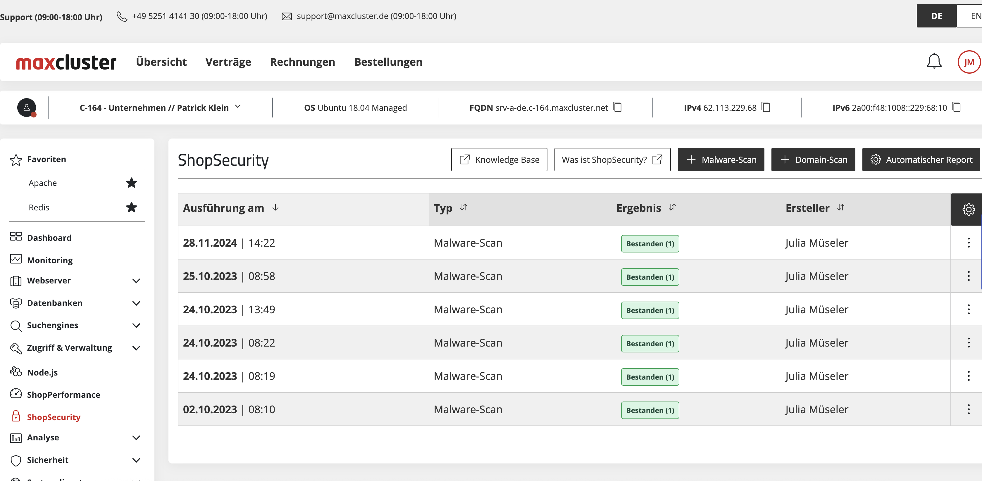 Screenshot von maxcluster, auf denen Fehlermeldungen gelistet sind