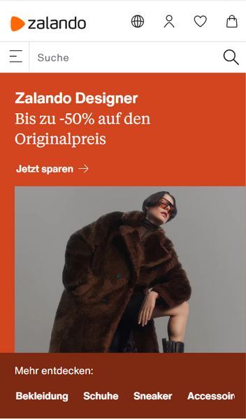 Screenshot: Beispiel eines vertikalen Burger-Menüs für die Mobile-Ansicht (Quelle: https://www.zalando.de)