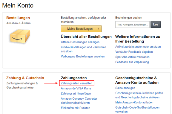 Screenshot: Ansicht "Zahlungsarten verwalten" im Amazon-Konto
