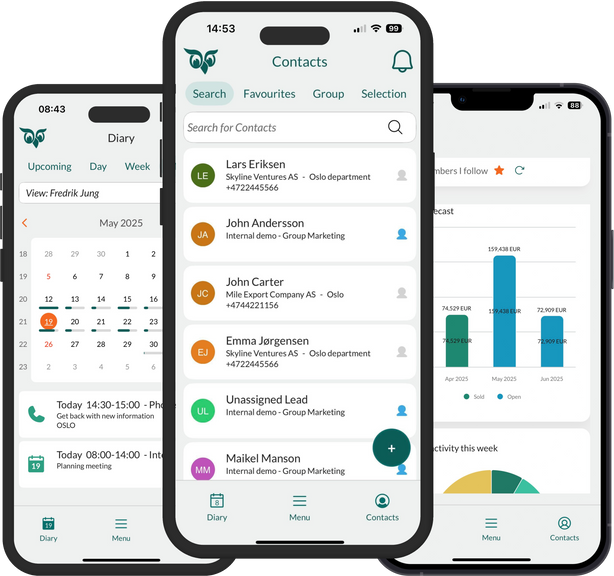 3 Screenshots der mobilen CRM-App von SuperOffice