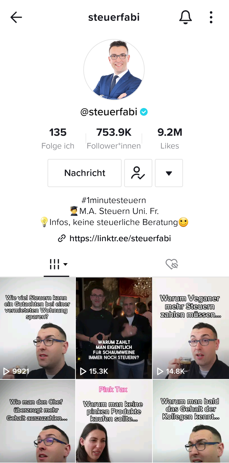 Profilseite des TikTok-Accounts '@steuerfabi' mit 753.9K Follower*innen und 9.2M Likes. Der Nutzer bietet Inhalte rund um Steuern an, wie in den Vorschauvideos zu Themen wie Steuerersparnis, Gehaltsverhandlungen und Steuerfallen ersichtlich.
