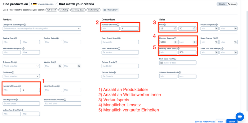 Filter für die Produktrecherche