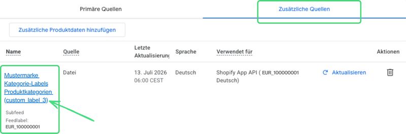 Google Merchant Center Ansicht einer zusätzlichen Produktdatenquelle zur Pflege von Custom Label 3 für die Bucket-Zuordnung beim Google Shopping einrichten.