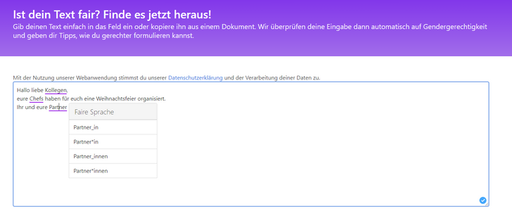 Screenshot des Tools Fairlanguage