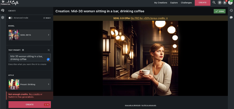 Ein Interface, wo ein KI-generiertes Bild von einer Frau in einer Bar ist.