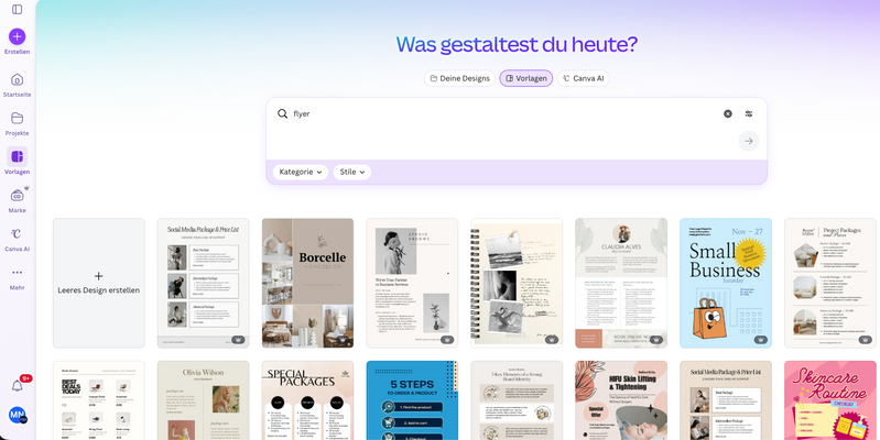 Screenshot der Canva-Oberfläche, in der unter „Vorlagen“ nach „Flyer“ gesucht wird.