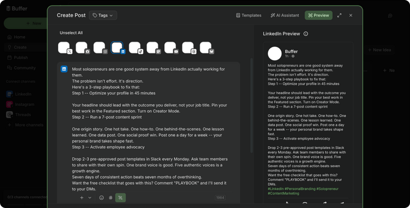 Buffer – Post-Editor mit plattformübergreifender Vorschau (hier LinkedIn)