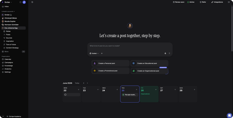 Scripe – geführter Erstellungs-Flow mit Kalenderübersicht und Content-Optionen