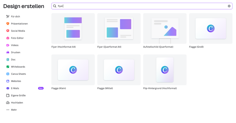 Screenshot der Canva-Oberfläche, in der unter „Design erstellen“ nach „Flyer“ gesucht wird.