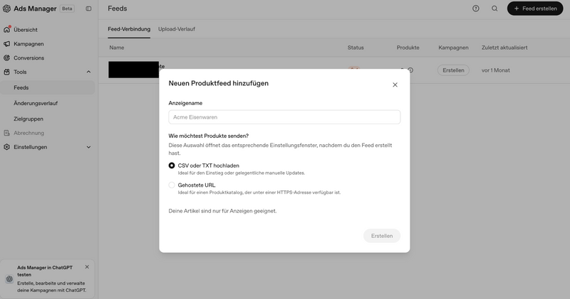 Abbildung 6: Produktfeed-Anbindung im ChatGPT Ads Manager (Screenshot)
