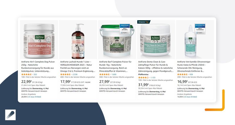 AniForte-Produkte in Reihe aufgelistet bei Amazon 