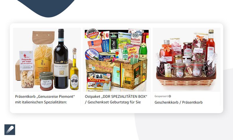 Präsentkörbe in Reihe aufgelistet bei Amazon 