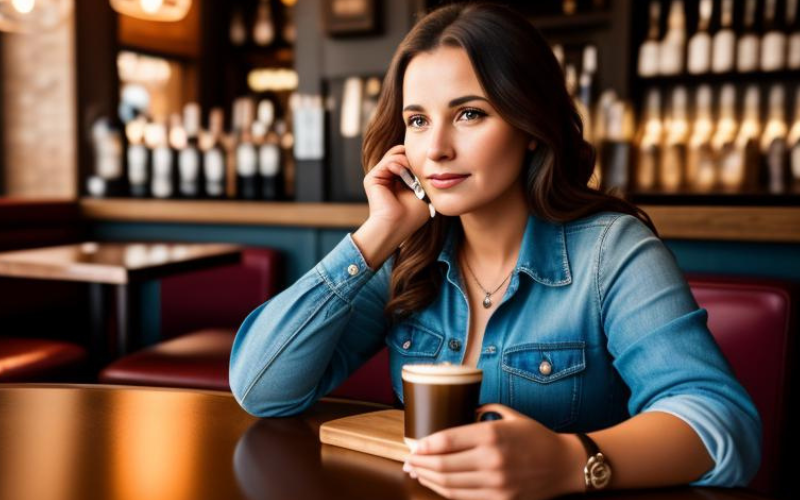 Ein von KI produziertes Foto von einer Kaffee-trinkenden Frau in einer Bar.