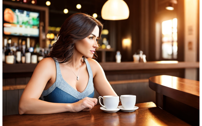 Ein von KI generiertes Bild, von einer Frau, die in einer Bar sitzt und Kaffee trinkt.