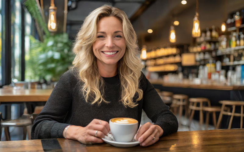 Eine Ki erstellt ein Foto von einer Frau, die Kaffee in einer Bar trinkt.