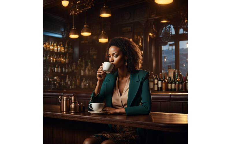 Eine Frau trinkt in einem KI-Bild Kaffee in einer Bar.