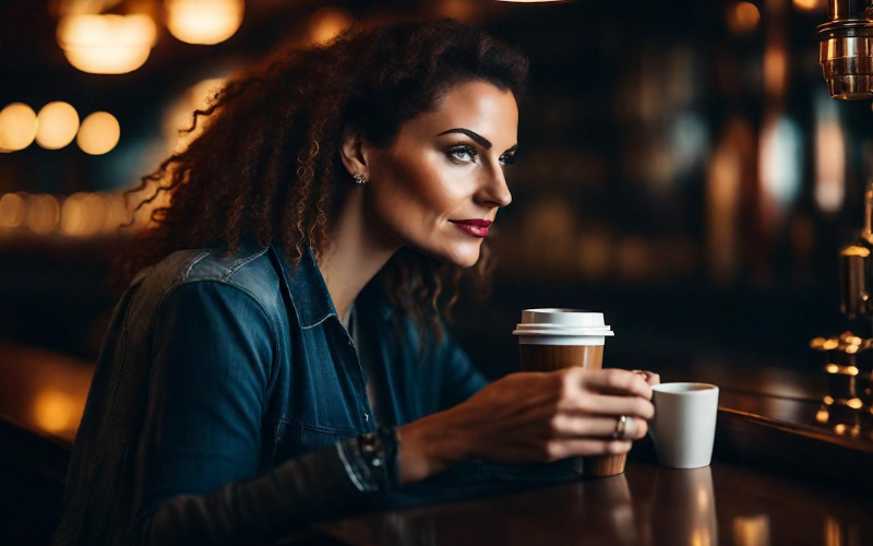 Ein KI-Foto von einer Frau, welche Kaffee trinkt.