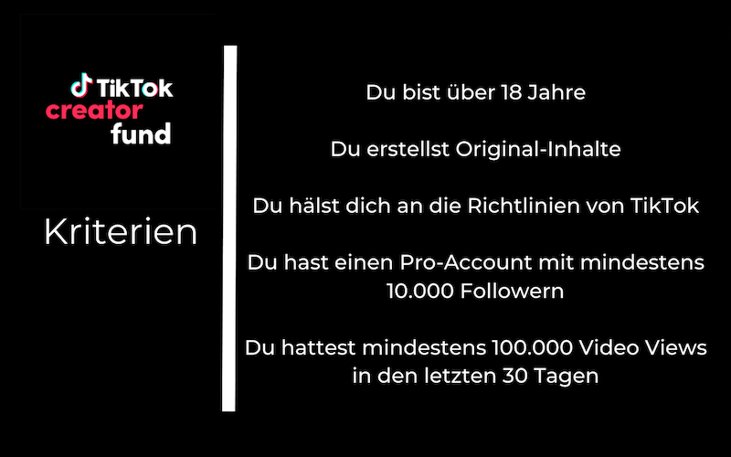 Grafik mit den Kriterien für den TikTok Creator Fund: Mindestalter 18 Jahre, Erstellung von Original-Inhalten, Einhaltung der TikTok-Richtlinien, Pro-Account mit mindestens 10.000 Followern und mindestens 100.000 Videoaufrufen in den letzten 30 Tagen.