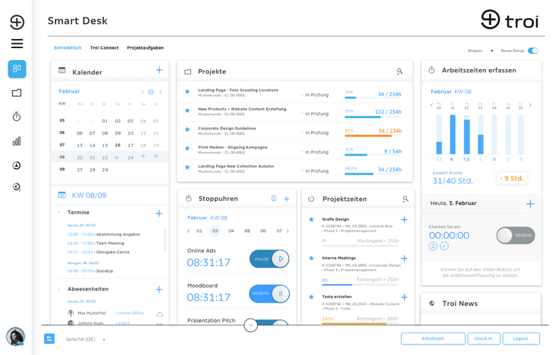 Screenshot des Troi Smart Desks mit Kalenderansicht, Projektübersicht, Stoppuhren und wöchentlicher Arbeitszeiterfassung.