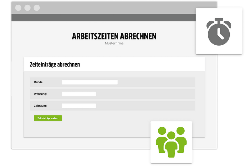 Eingabemaske zur Abrechnung von Zeiteinträgen mit Feldern für Kunde, Währung und Zeitraum sowie Button „Zeiteinträge suchen".