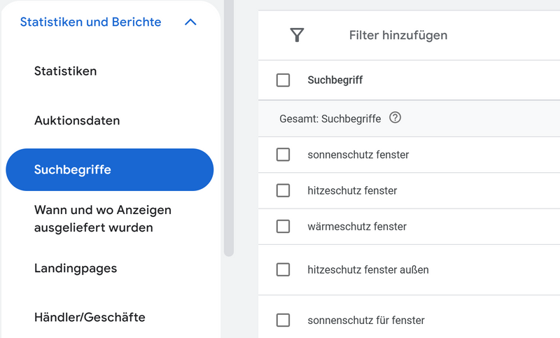 Screenshot der Suchbegriffe