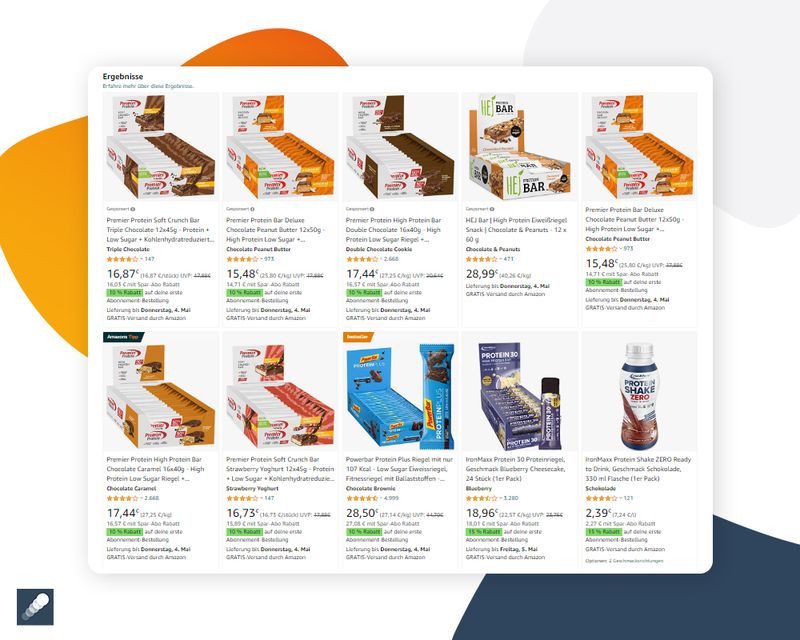 Rabatte-Premier-Proteinriegel in Reihe aufgelistet bei Amazon 