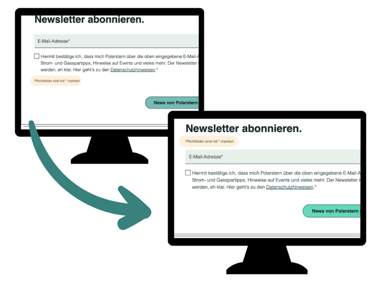 Zwei Bildschirme als Vorher-Nachher-Vergleich für optimierte Kennzeichnung und Erklärung bei Pflichtfeldern in Formularen