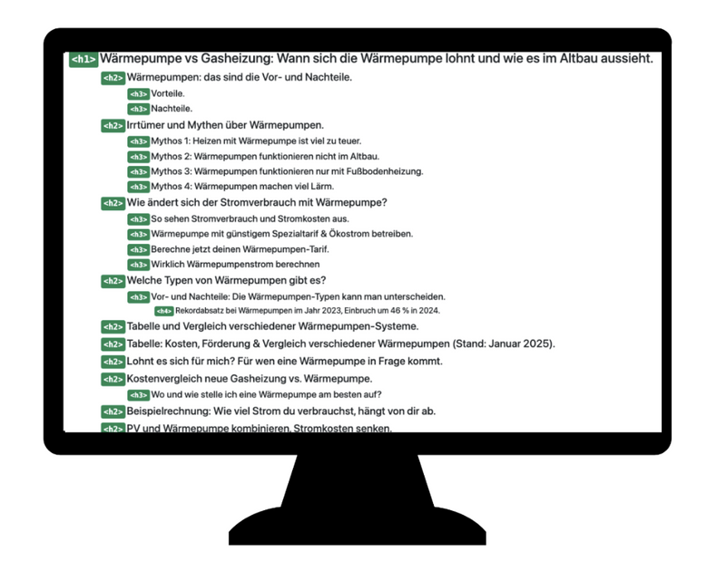 Ein Bildschirm auf dem ein positives Beispiel für eine logische Überschriften-Struktur einer Website