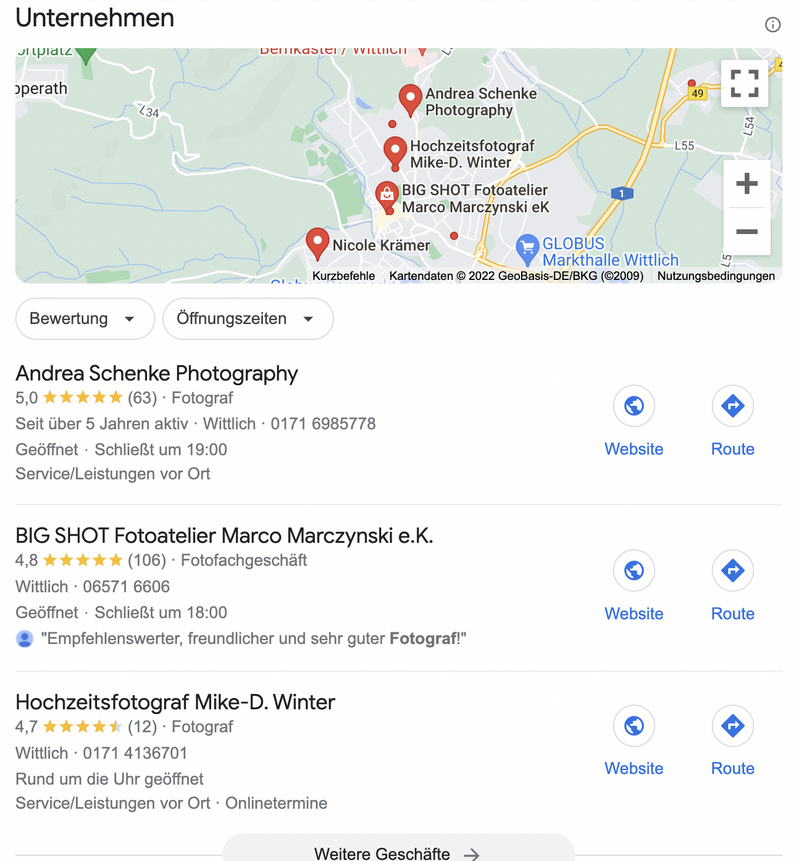 Biespiel für Google My Business Profile bei der Google Suche von Fotografen