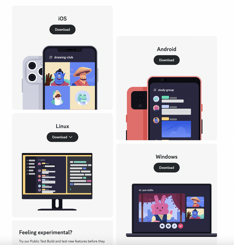 unterschiedliche Download-Optionen für Discord