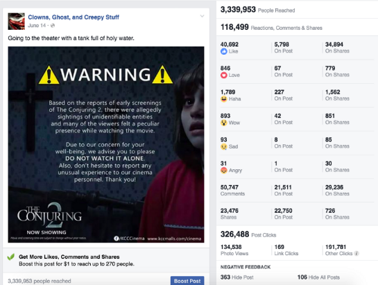 Conjuring 2 Facebook-Nischenseite
