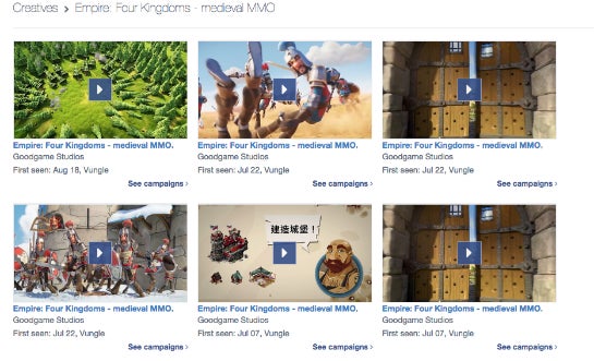 Appscotch zeigt die Werbemittel der Kampagnen. Hier: Video-Clips von "Empire: Four Kingdoms". (Quelle: Appscotch)