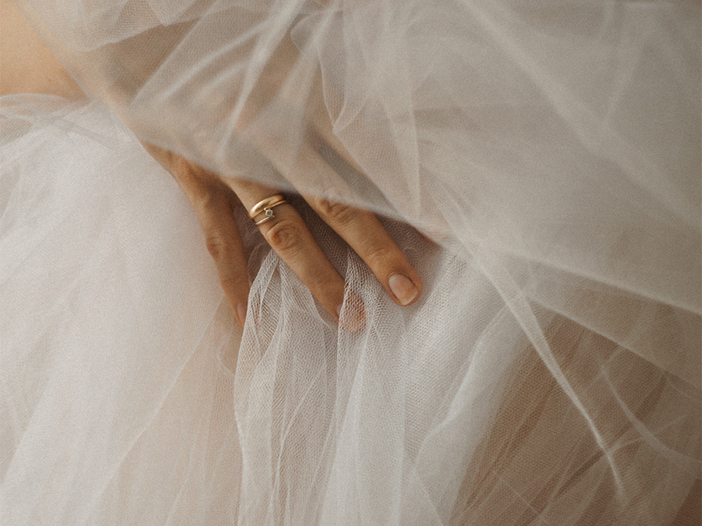 Blush pink wedding dress and bride