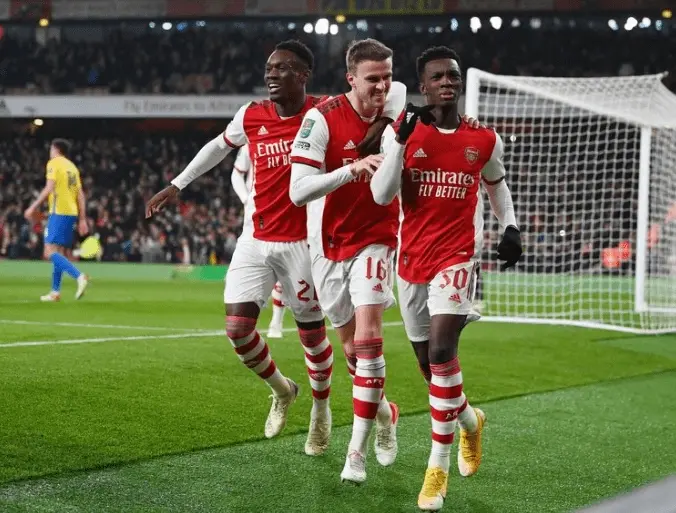 Nketiah celebrating his hat-trick against Sunderland in the Carabao Cup