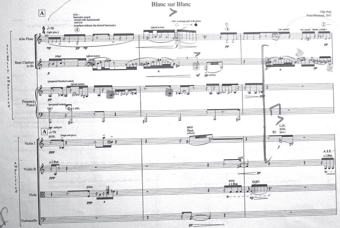Figure 2. Ofer Pelz, Blanc sur blanc (2011) for flute, clarinet, prepared piano and amplified string quartet, mm. 1-3